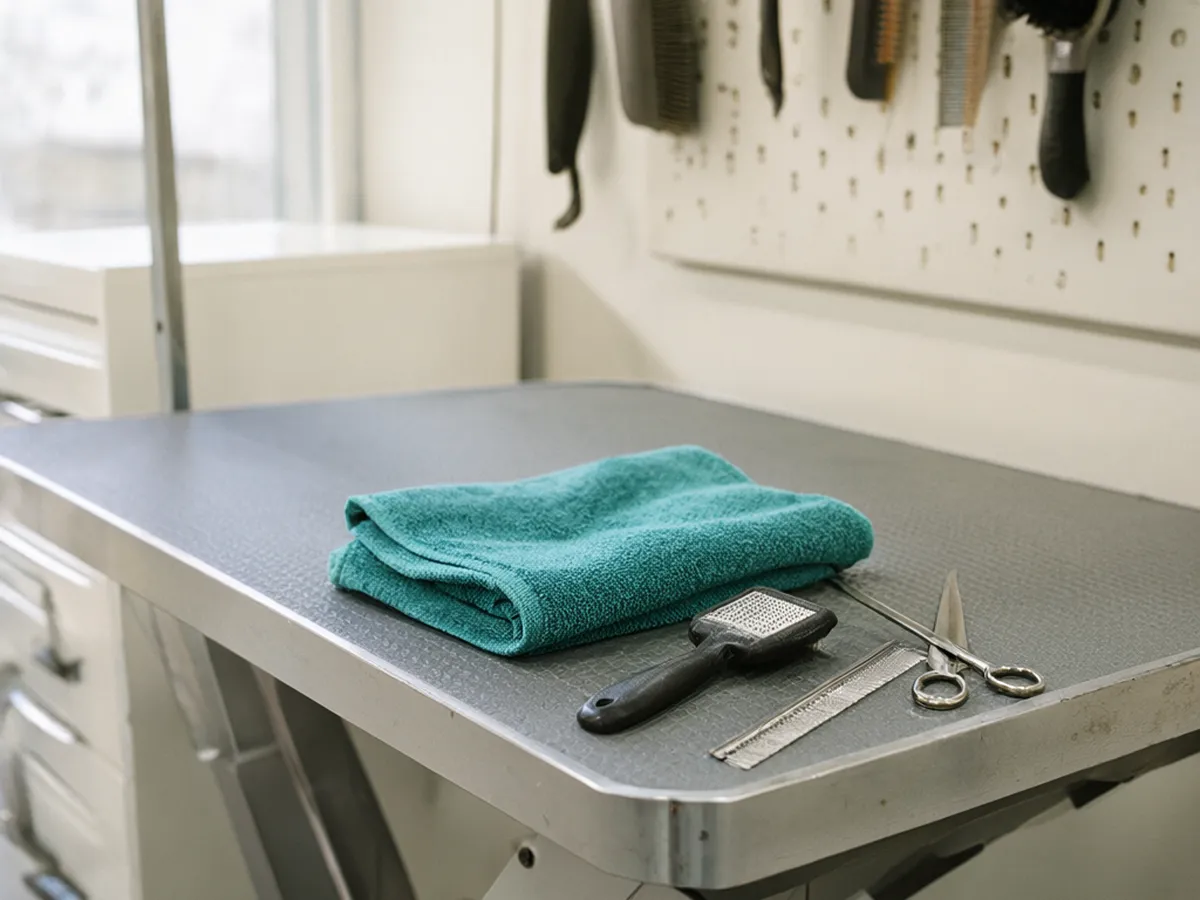 A grooming table with a teal towel, a brush, a comb and scissors