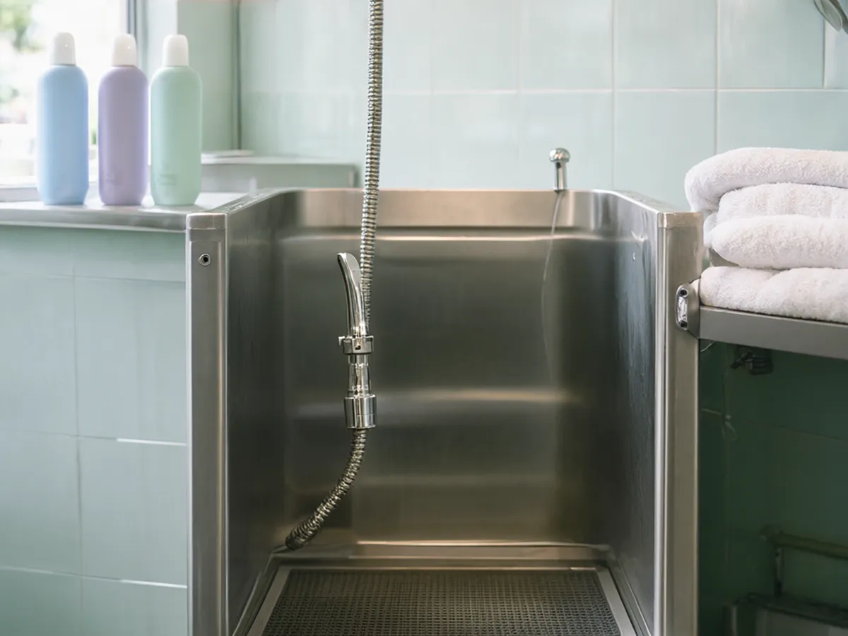 A stainless steel dog grooming tub with a hand sprayer and folded towels