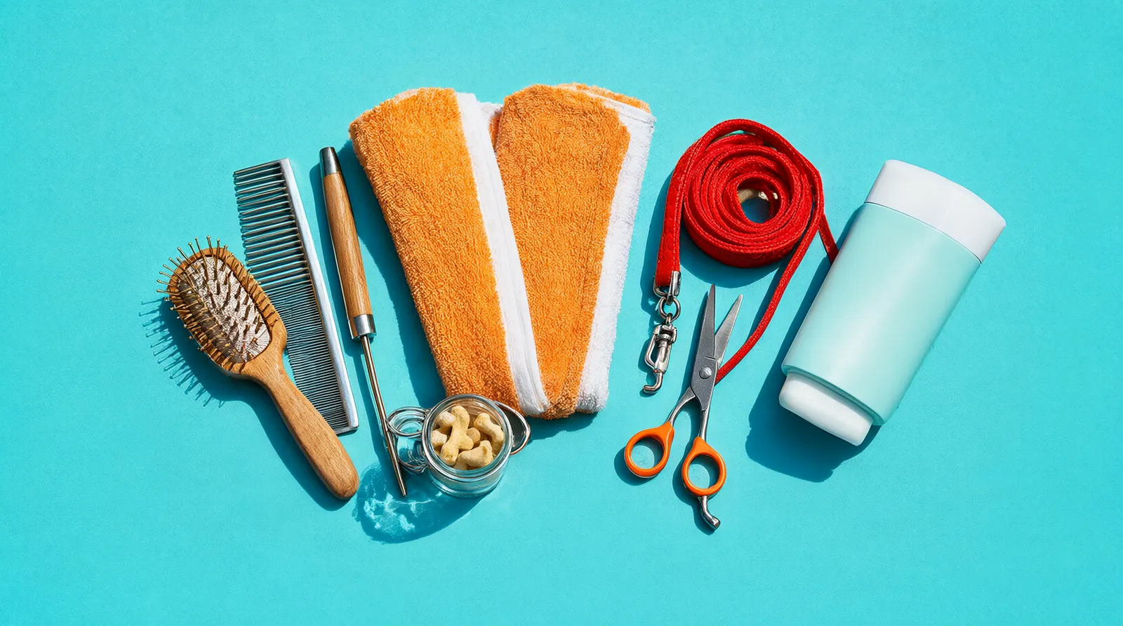 Dog grooming brushes, scissors, towels, a red leash and a jar of biscuits on a turquoise table