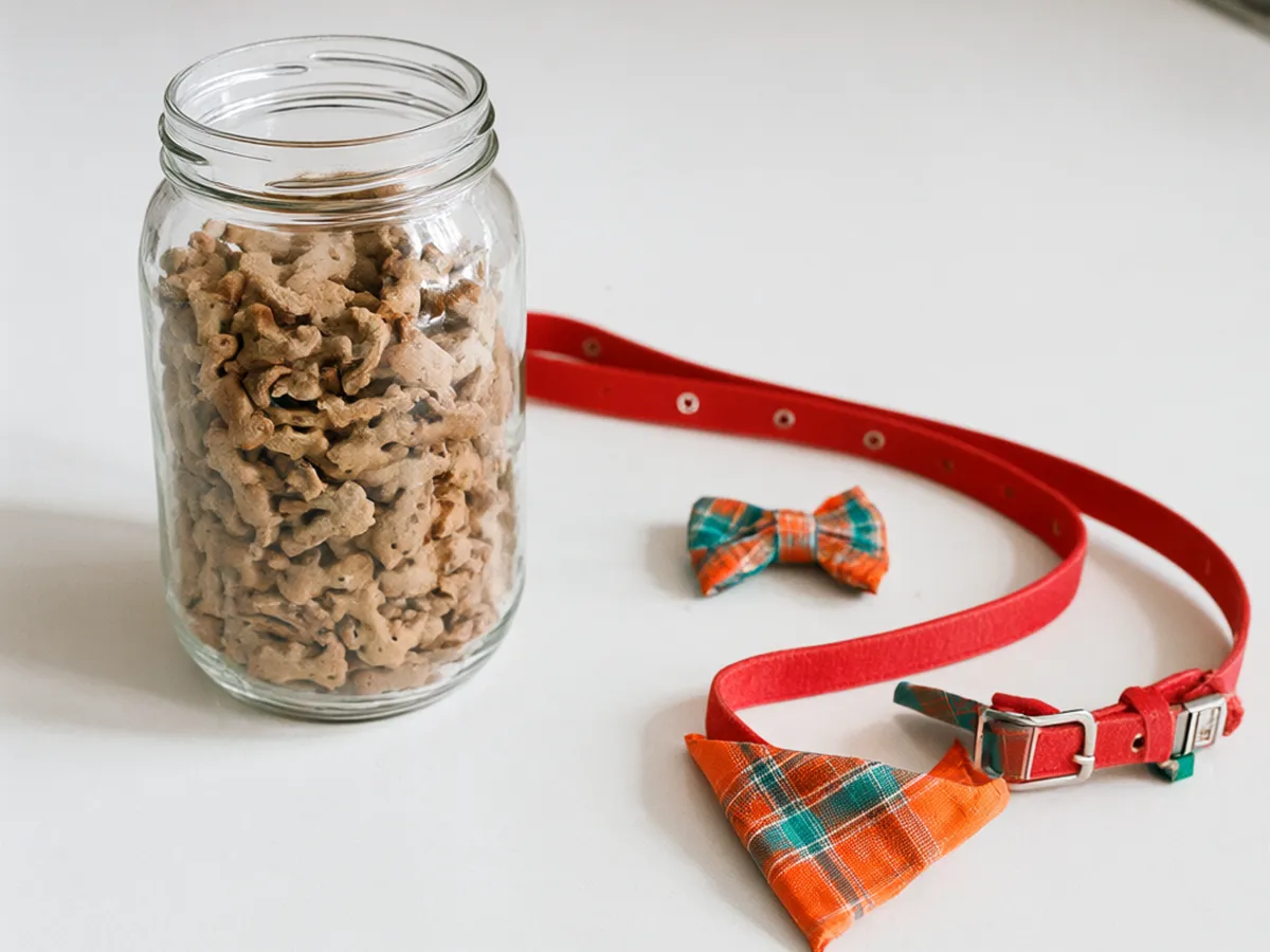 A jar of bone-shaped biscuits beside a red collar and a checked bow tie